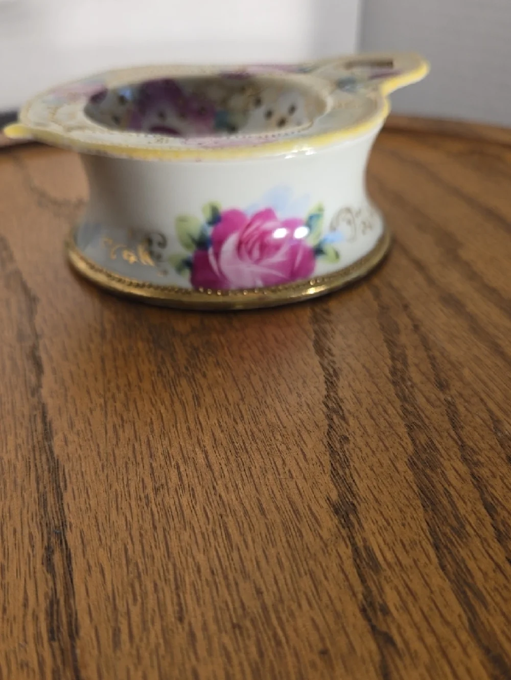 Vintage Porcelain Floral Tea Strainer and Drip Bowl - Pink Rose